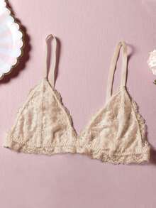 假日季超薄文胸卡其色新娘内衣女士文胸花卉图案小胸女士文胸蕾丝睫毛文胸上衣柔软无缝文胸性感内衣 - 卡其色 - 查看 3