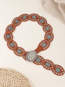 1 szt. Turkusowy pasek damski w stylu vintage, styl boho, styl zachodni, złoty pasek z okrągłą klamrą i ozdobnymi przelotkami, jednolity kolor, boho, skórzany pasek ze skóry PU, odpowiedni do sukienek, spódnic, koszul, spodni, szkoły, na wakacje, na co dzień, na imprezy