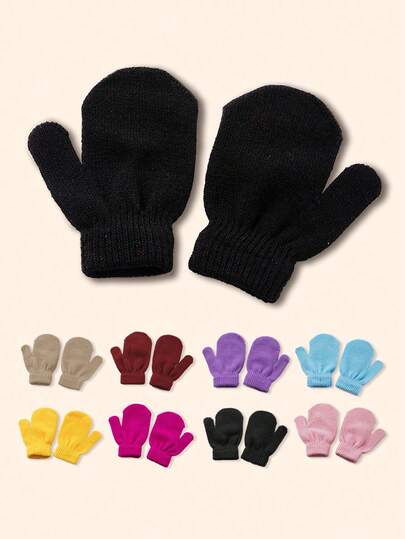 1pair Kids Plain Knit Mittens Gloves, Outdoor Cold Proof Casual Versatile Winter Warm Gloves