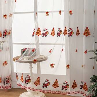 1 pieza Estilo americano Malla fina bordada de Papá Noel, decoración navideña del árbol de Navidad apta para sala de estar, dormitorio, uso doméstico, cortina de ventana