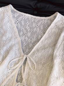 Selcouth Plus Size Women Solid Color Casual V-Neck Long Sleeve Tie Front Shirt, Floral Jacquard Textured Long Sleeve Fitted Top, Fall Outerwear Tops For Women - White - View 4