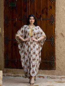 Elegant Long Arabic Style Dress With Gold Tassel Trim, V-Neck Batwing 3/4 Sleeve, Woven Fabric - Khaki - View 3