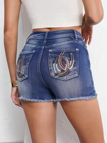 Denim Shorts Women Summer Mid Rise Button Ripped Jeans Western Stretchy Vacation Jeans Shorts With Pocket