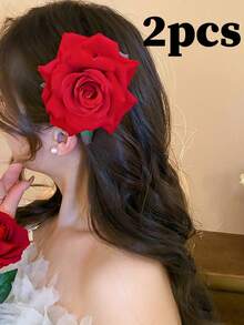 1个时尚浪漫甜美高品质仿真玫瑰花发夹，适合情侣、派对、节日、舞会、婚礼等场合佩戴，可作发饰。 - 紅色 - 查看 5
