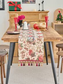 1pc Christmas Atmosphere Table Runner, Red Christmas Stocking With Golden Bell Jacquard Dining Flag, Tea Flag, Rectangular With Tassel, Suitable For Christmas Party Dining Table Decoration, Home Decor
