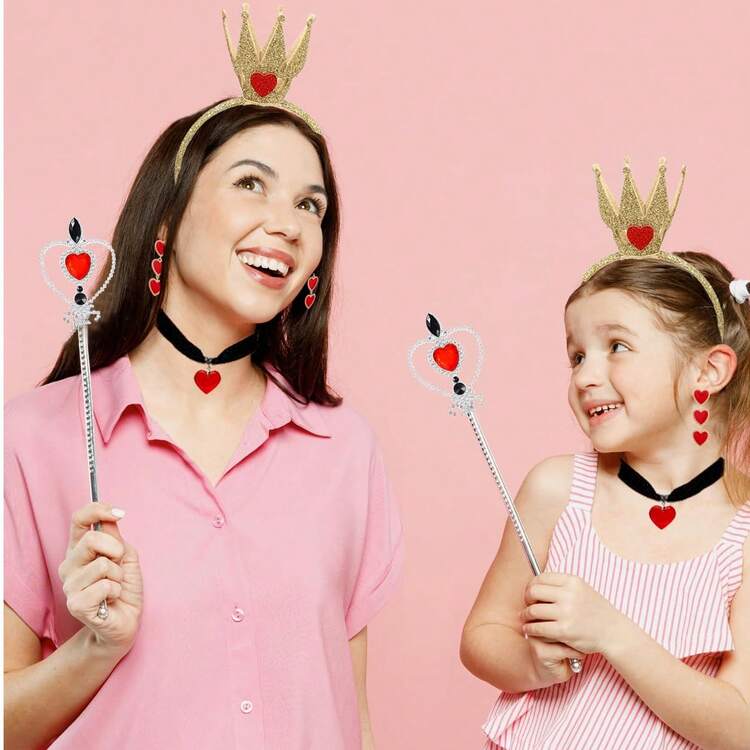 Halloween Queen Costume Accessories Set Includes A Gold Crown, Red Heart Collar, Gem Scepter, Heart-Shaped Earrings, Suitable For Women's Queen Costume Party Accessories - Multicolor - View 5