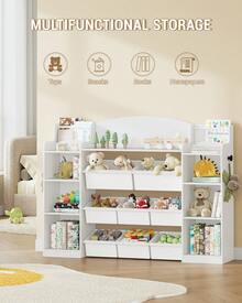 HaluPeit Librería infantil de madera con 8 cajones de tela para habitación infantil, salón, estudio, color blanco 30 x 140 x 104 cm - Blanco - Ver 5