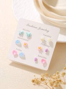 6/7 Pares de Brincos Conjunto Colorido de Borboleta, Coração, Flor, Nuvem, Melancia, Cereja, Pentagrama, Geométrico, Adequado para Amigos, Uso Diário