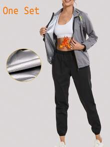 1 Set Women Silver Coated Sweat Suit Jacket And Pants, Suitable For Outdoor Sports, Shaping, Running, Fitness