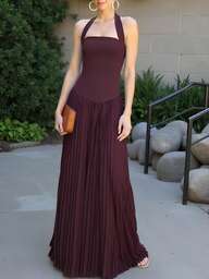 Women's Sleeveless Square Neck Pleated Maxi Dress, A-Line, Solid Color, Elegant, Made Of Woven Fabric, Summer