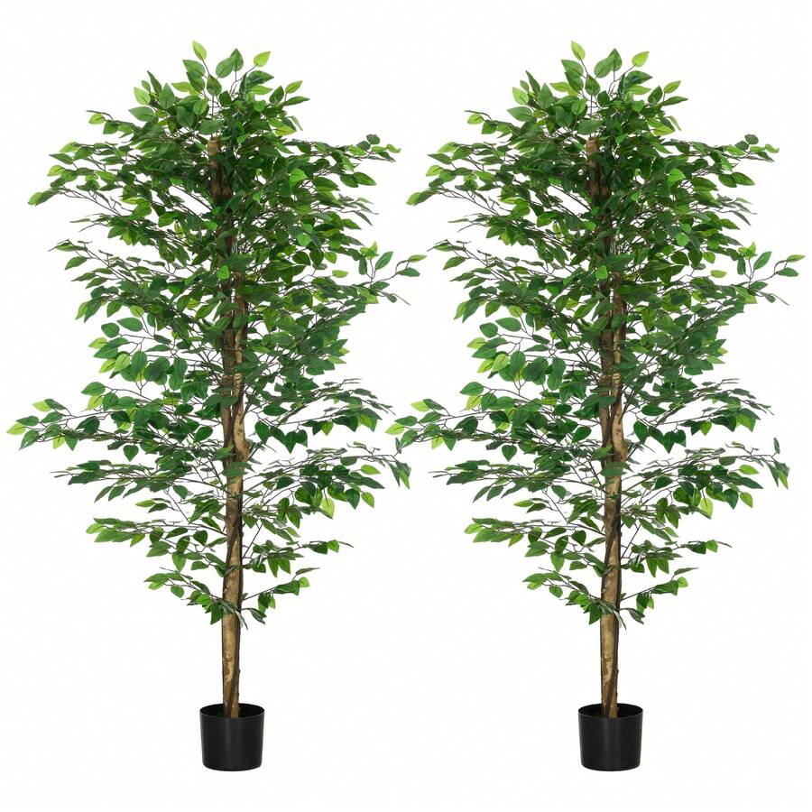 HOMCOM Lot de 2 plantes artificielles arbres artificiels ficus hauteur 1,80 m tronc branches liane lichen feuilles grand réalisme pot inclus, intérieur, vert - Vert - Voir 1