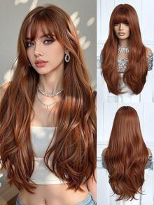 Elegant And Charming 26-Inch Linen Brown Long Curly Hair Band Bangs Heat-Resistant Synthetic Wig For Women. This Wig Is Suitable For Daily Wear During Festivals, Travels, Parties, Role-Playing, Etc. It Is A Perfect Halloween Gift - 亞麻棕 - 查看 2