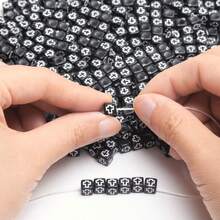 200/600Pcs 6mm Square/7mm Flat Round Acrylic Beads Cross Pattern Beads Loose Spacer Beads For Jewelry Making DIY Bracelets Accessories - 黑底白字/方形 - 查看 6