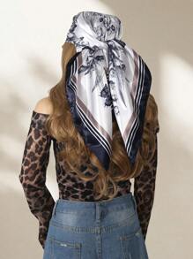 1 件女士海军蓝蝴蝶和花朵印花缎面方形围巾，时尚户外头带，情人节礼物头巾 - 藏蓝色 - 查看 2