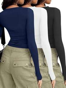 3件套长袖基础款T恤，秋冬休闲春季款 - 彩色 - 查看 5
