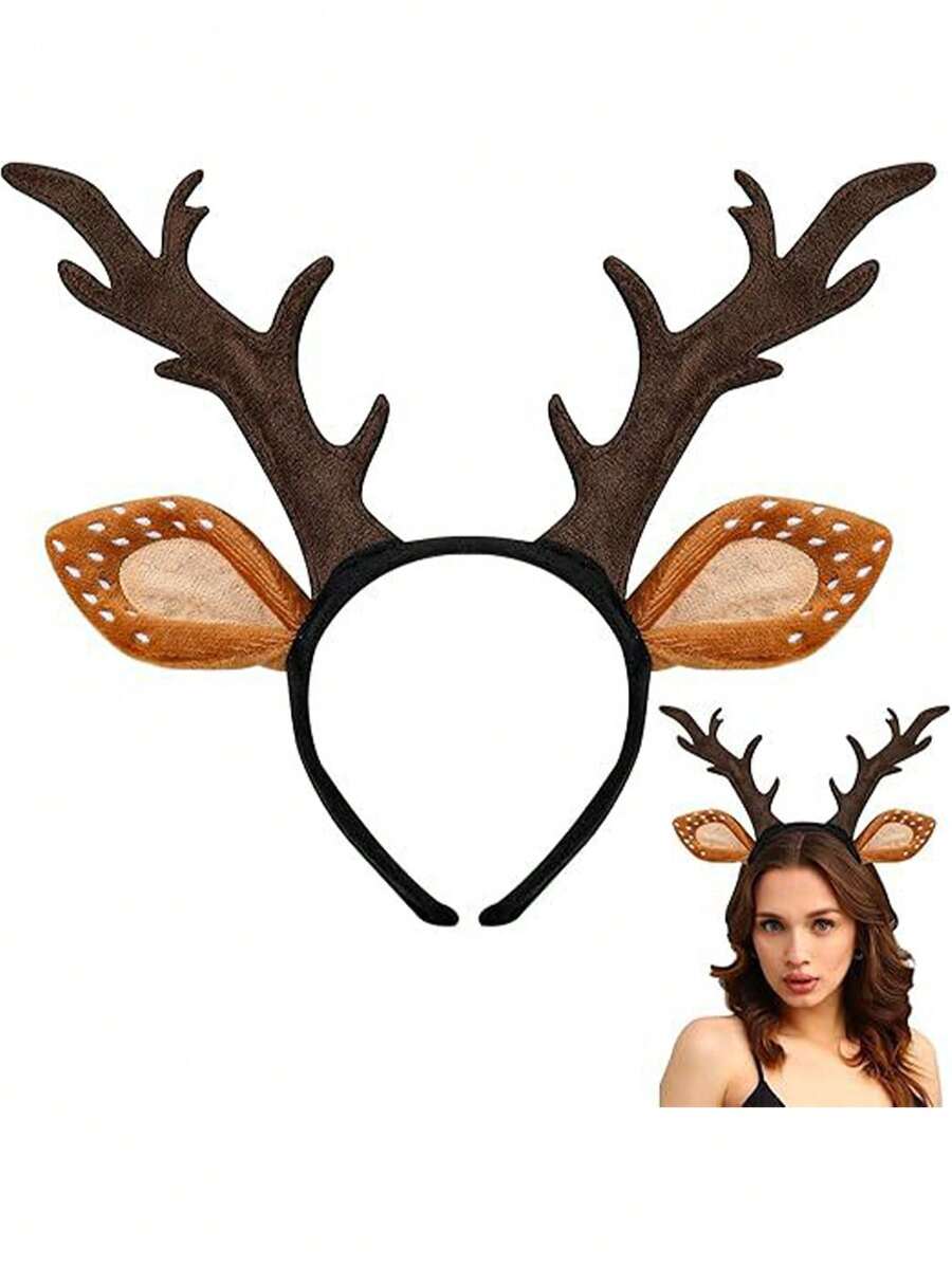1 pieza Diadema con cuernos de ciervo, accesorio de disfraz de orejas de reno lindo para mujeres, adecuado para Navidad, fiesta de cosplay, regalo, diadema, aro para el cabello, diadema para mujeres, accesorios para la cabeza de atuendos de otoño - Multicolor - Ver 1