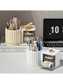 1 pieza Organizador de escritorio con soporte giratorio para bolígrafos y cajón pequeño, adecuado para almacenamiento en el escritorio del hogar