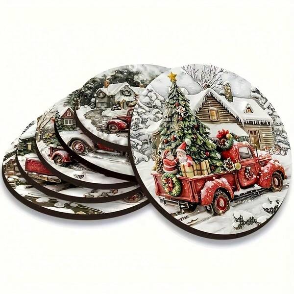 Set Of 6, Colorful Christmas Wooden Coasters, Choose 1 Set, 2 Sets Or 31 Sets, Bright Colors, Santa Claus Sitting On A Red Pickup Truck, Christmas Tree Decorations, Christmas Table Decorations, Home Decorations , Suitable For Coffee Cups And Beverages, Perfect For Home, Office And Restaurant Use, Gift For Your Family, Friends And Partner!Coaster Set,Coasters Drink Coasters,Coaster For Cup At Home