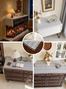 1 buc. Față de masă din dantelă bej, eșarfă pentru șemineu în stil boem, dreptunghiulară, model geometric minimalist, ciucuri bej, potrivită pentru dulapuri, bufete, față de masă lavabilă, decorativă pentru dormitor, bucătărie, sufragerie, petreceri, nunți, evenimente tematice, toate anotimpurile, decor de toamnă