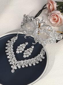 4pcs Masquerade Mask Necklace And Earring Set For Women Luxury Rhinestone Elegant Butterfly Design Blindfold For Ball Party - Silver - View 5