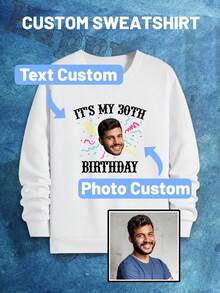 Customized Plus Size Men's Birthday Hoodie - Funny Graphic Print, Uploadable Photo & Text, Novelty Party Wear, Suitable For Couple Gift/Anniversary, Long Sleeve Top - White - View 3