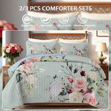 2/3pcs Peony Printed Quilt Set (1 Quilt + 1/2 Pillowcases), 100% Microfiber, Machine Washable Summer Bedding Set, Lightweight, Breathable And Durable Bedspread Set, All-Season, Perfect For Room Decor - Fashion Flowers - View 1