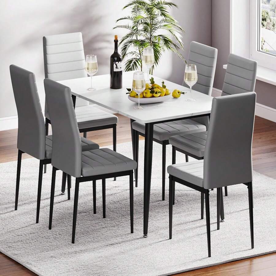 Dining Table And Chairs Set Of 6, 120CM Marble Effect Dining Table With 6 Faux Leather High Back Dining Chairs,Modern Dining Table Set For Home/Kitchen Office
