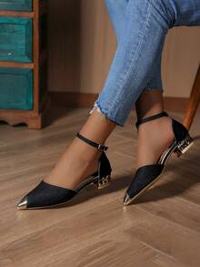 Outdoor Fashion Personalized Rhinestone Pointed Toe Black Thick Heel Breathable Party Children Student Flat Sandals - Black - View 3