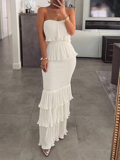 ChicMe Vestido con volantes en capas sin tirantes, vestido tipo pastel de volantes, vestido bandeau con dobladillo fruncido, elegante y sexy conjunto ajustado para fiesta de graduación o cóctel