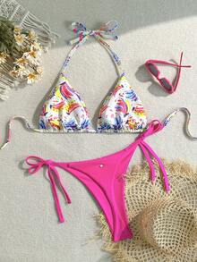 Bộ bikini dây mảnh kiểu Bohemian cỡ lớn, chất liệu co giãn cao, màu hồng, thích hợp cho kỳ nghỉ hè trên bãi biển. - Hồng - Xem 2