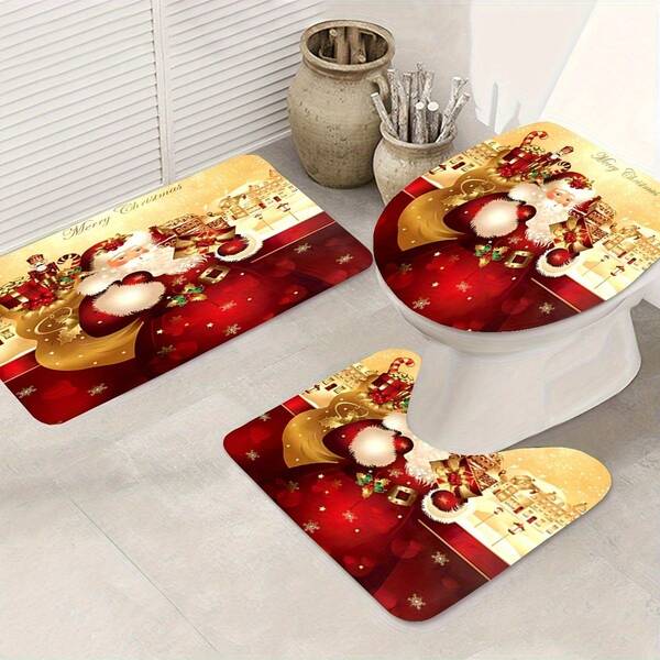 3pcs Christmas Bathroom Set: Toilet Seat Cover, Bath Mat And Rug - Machine Washable, Anti-Slip, U-Shaped Design, Ideal For Holiday Decoration