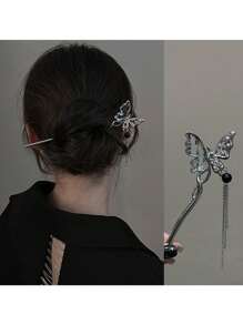 中式蝴蝶流苏吊坠发夹，高端发饰，适合搭配传统汉服、发髻延长器、发髻造型器、发髻发片、发型针、发夹、发卡、发饰、头饰、女士发饰 - 彩色 - 查看 13