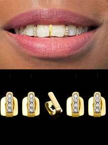 1 Set Single Row Smooth Gold, Silver, Rose Gold Cubic Zirconia Bar Teeth Grillz, Unisex Hip Hop, Nightclub, Rock Style Party Decoration, Holiday Gift, Adjustable
