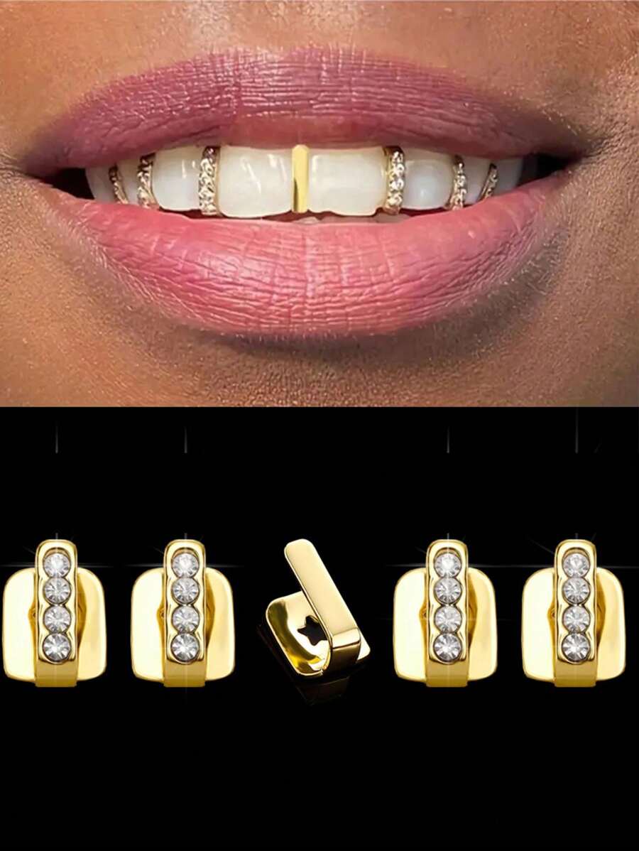 1 Set Single Row Smooth Gold, Silver, Rose Gold Cubic Zirconia Bar Teeth Grillz, Unisex Hip Hop, Nightclub, Rock Style Party Decoration, Holiday Gift, Adjustable