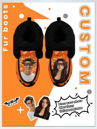 Halloween Men's Custom Winter Boots, Personalized Customized Your Photo & Funny Glasses, Warm Plush Lining For Cozy Comfort, Funny Halloween Gift For Mom/Dad/Her/Him/Girlfriend/Boyfriend/Wife/Husband/Friend, Unique Halloween Decor Footwear