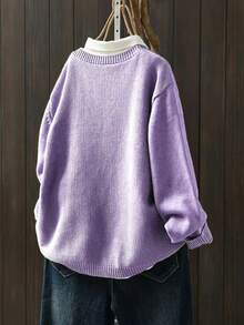 女士休闲加大码长袖开衫，带侧袋，秋冬款 - 淡紫色 - 查看 2