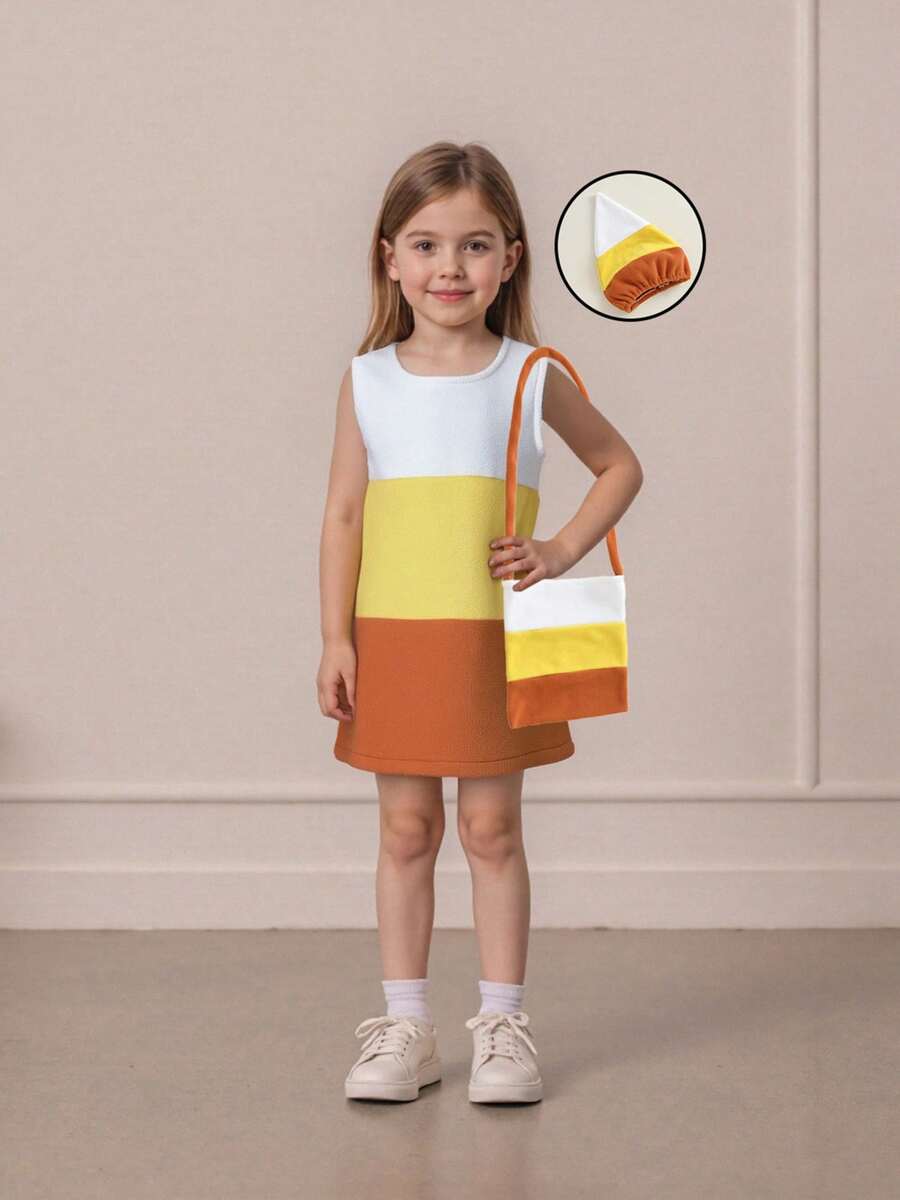 Girls Halloween Costume Set Sleeveless O Neck Striped Dress Hat Shoulder Bag For Party Cosplay