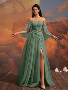 VIPGIRL Off-Shoulder Green Sheer Evening Gown, Decorated With Floral Appliques, Romantic Formal Dress, Fairy Princess Formal Gown, High Slit Dress, Garden Wedding Guest Dress, Elegant A-Line Sheer Dress - Green - View 10