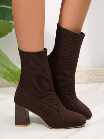 Women's Knitted Sock Boots, Chunky Heel High Heel Slip-On Mid-Calf Boots, Knitted Elastic Boots Design! Fashionable Boots For Autumn/Winter Outfits,Party