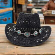 Sun Straw Hat For Women Summer Wide Brim Hollow Out Western Fedora Chain Decor Breathable Cowgirl Hat - màu đen - Xem 2