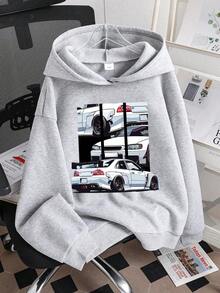 Tween Boy Cartoon Car Print Warm Hoodie Sweatshirt - Grey - View 1
