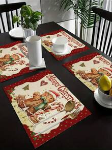 4 Pieces Of Christmas Gingerbread Man PVC Woven Placemats For The Christmas Tree, Reusable And Washable, Farmhouse Winter Christmas Holiday Family Kitchen Table Decoration Placemats.