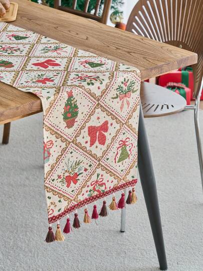 1pc Christmas Atmosphere Table Runner, Diamond Plaid Christmas Tree Bow Jacquard Dining Flag, Tea Flag, Rectangle With Tassel Suitable For Christmas Party, Dinner, Kitchen, Dining Table, Home Decor