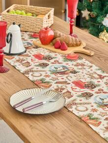 1pc Christmas Atmosphere Table Runner, Red Christmas Stocking With Golden Bell Jacquard Dining Flag, Tea Flag, Rectangular With Tassel, Suitable For Christmas Party Dining Table Decoration, Home Decor