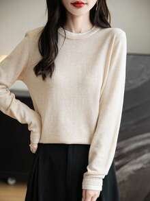 Women's Crew Neck Merino Wool T Shirt Fall Classic Vintage Cable Warm Long Sleeve Knit Tops - Beige - View 8