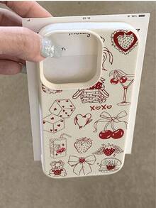 1pc Vintage Fashionable Red Cherry Bow Illustration Textured Anti-Drop Soft Phone Case, Compatible With Apple, Phones - Multicolor - View 3