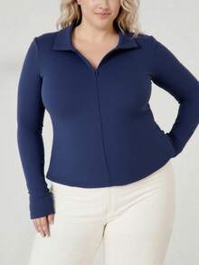 Christmas Plus Size Women Casual Slim Fit Navy Long Sleeve T-Shirt, Polo Collar Half Zipper Stand Collar Thermal Lined Thermal Undershirt - Royal Blue - View 3