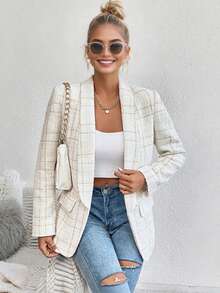 Elegant Tweed Open Front Blazer With Flap Pockets,Long Sleeve Plaid Lightweight Jacket For Work, Casual, And Office Outfits - White - View 2