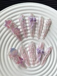 40mm Unghie finte a stiletto extra lunghe fatte a mano, punte per unghie multicolore con fiocco, perle e accessori floreali, unghie sfumate a occhio di gatto glitterate, combinazioni creative di motivi Y2K, design a blocchi di colore 3D, unghie finte lucide e complete, 10 pezzi/confezione