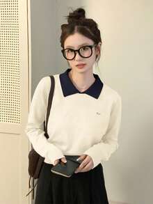 Suéter corto de mujer de manga larga con cuello de polo, de estilo coreano, de temporada otoño/invierno, delgado, de colores contrastantes
